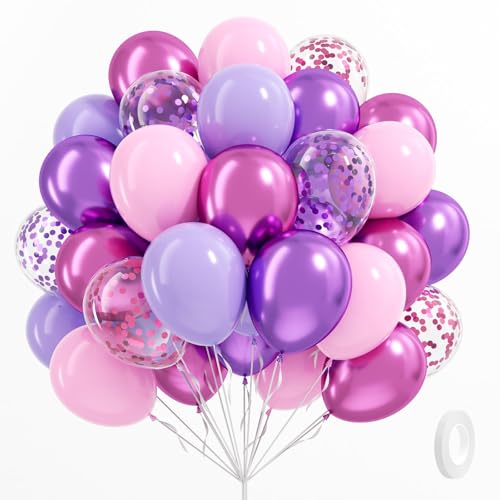 Image of 61pcs Pink and Purple Balloons, 12 Inch Purple Pink Confetti Balloons, Metallic Balloon with Ribbon for Bridal Baby Shower Wedding Women Birthday Party Decorations