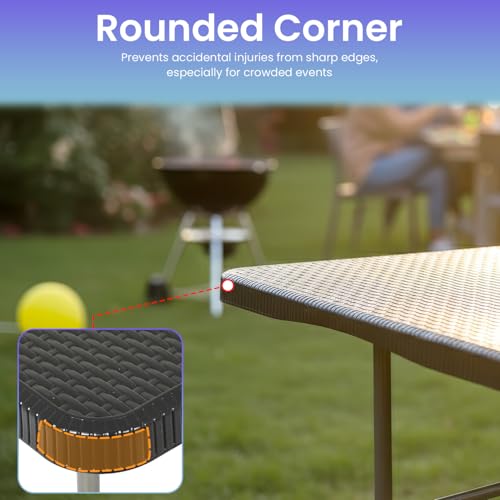 Image of FDW 6FT Folding Table, Portable Fold-in-Half Plastic Picnic Party Table with Carrying Handle (Black Ratten, 6FT)