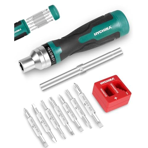 HYCHIKA Ratcheting Screwdriver 16-in-1, Magnetic Ratchet Screwdriver Set, Screw Driver Multi Bit All in One with Phillips, Slotted, Torx, Square, Hex bit and Double End Nut Driver