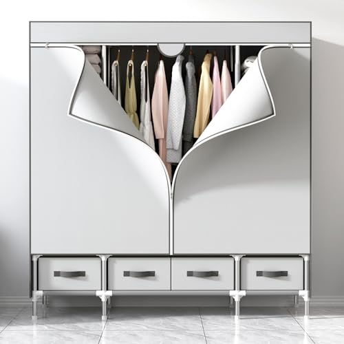 Anmas Power Kleiderschrank,Schlafzimmer Stoffschrank,Kleiderstander mit Schubladen,Faltbar Garderobe mit 2 Kleiderstange