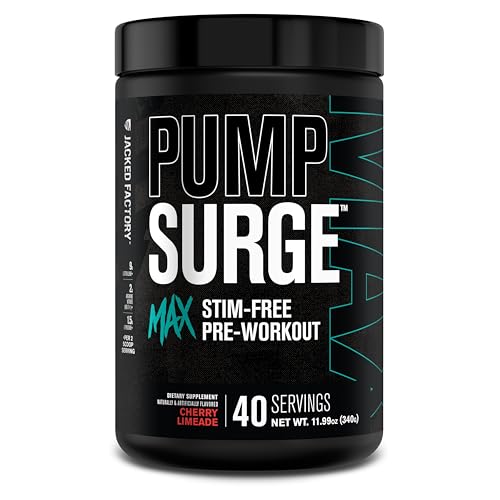 Image of Jacked Factory Pumpsurge Max Stim Free Pre Workout - High-Performance Caffeine Free Pre Workout with L-Citrulline, N03-T Arginine Nitrate & Glutathione - 40 Servings, Cherry Limeade