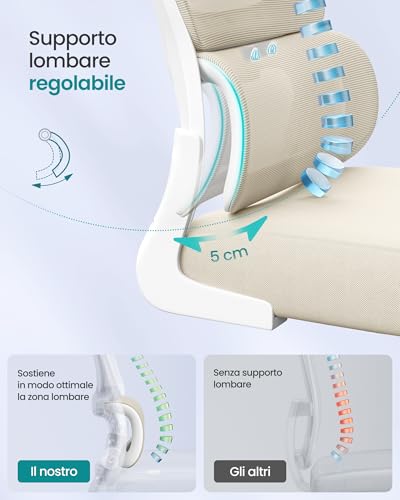 Sedia Ergonomica da Ufficio, Sedia Computer, Tessuto Rete a Doppio Strato, Braccioli Sollevabili, Supporto Lombare Adattabile, Poggiatesta Regolabile, per Studio, Beige Sabbia OBN041L01 - Sedia gaming - Immagine 3