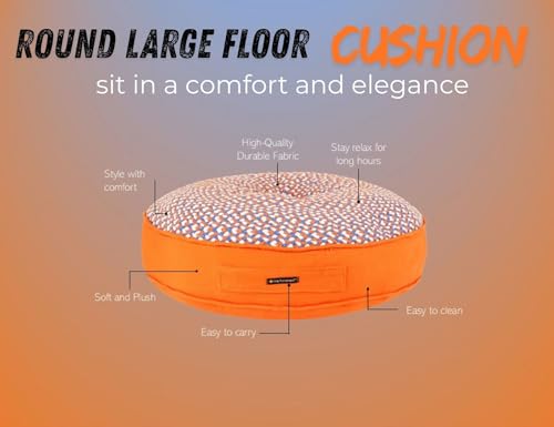 Image of Reversible 60x60x10 cm Woven Quilted Orange Floor Cushion with Cotton Filler for Seating, Patio Seat, Meditation, Yoga, Pooja, Guests, Living Room, Bedroom, Large Size 24x24x4 Inch