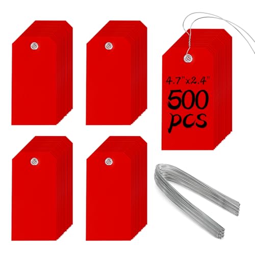 Heavy Duty Plastic Shipping Tags - Waterproof Hang Tags with String Wires, Ideal for Car Parts & Equipment (Red, 4 3/4 x 2 3/8)