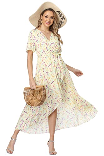 Image of VintageClothing Women's Wrap V Neck Floral Summer Dresses High Low Maxi Casual