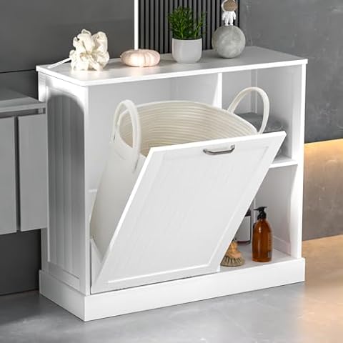 GAZHOME Tilt Out Laundry Hamper Cabinet with Laundry Baskets Hamper,Bathroom Storage Cabinet Laundry Cabinet with Adjustable Shelves,10 Gallon Tilt Out Trash Cabinet(White) Cover