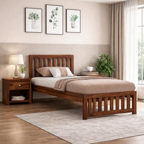 Image of KR Furniture Solid Sheesham Wood Single Bed with Vertical Slatted Headboard & Footboard | 6x3 ft Wooden Cot for Bedroom, Guest Room, Hostel & PG | Strong Frame Support | Honey Finish