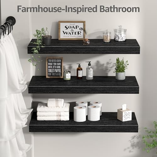 Image of QEEIG 10 inch Deep Floating Shelves for Wall - 10 x 24 inch Book Shelf Bathroom Bedroom Kitchen Living Room Hanging Bookshelf Farmhouse Set of 3, Black (025-60B3)