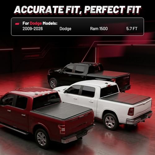 Image of Hard Tri-Fold Tonneau Cover for Ram 1500 2009-2026 5.7 ft Bed, Waterproof, Anti-Theft Lock, Easy Install, Incompatible with RamBox, Ideal for Camping & Work Trucks