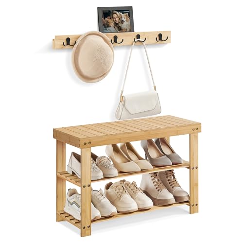 SONGMICS Coat Rack Shoe Bench Set, 3-Tier Bamboo Shoe Rack Bench, Multifunctional, 5 Double Metal...