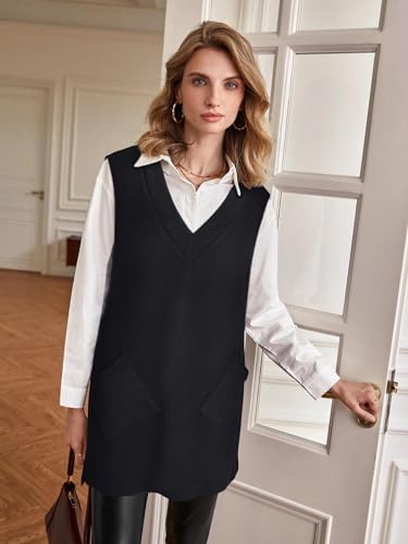 VETIOR Women's Sweater Vest Dresses Overall V Neck Sleeveless Cute Pinafore Dress with Pockets 20254