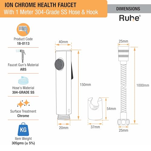 Image of Ruhe Ion Health Faucet Set for Bathroom /Handheld Jet Spray for Toilet | ABS Hand Shower Spray Gun with 304-Grade Stainless Steel Flexible Shower Tube 1 Meter and Wall Hook /Holder