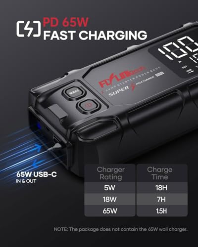 Jump Starter Power Pack, FLYLINKTECH 8000A Peak 26800mAh Car Battery Booster Jump Starter Bank with PD65W Fast Charging for All Gas or 12L Diesel, 12V Battery Jumper with 600 Lumen Light, Jump leads - Image 4