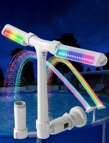 POOLHOUR Pool Fountain with 10 Colors Rainbow Lights for Above Ground/Inground Pools Dual-Head Adjustable Pool Waterfall & Pool Sprinkler with Timer 5000mAh Battery Remote-Controlled Grey