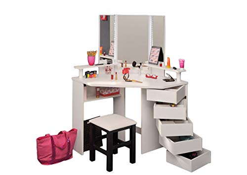 Preisvergleich Produktbild Jugendmöbel24.de Eck-Schminktisch + Hocker Frisierkommode Kommode Schminkspiegel Make up Spiegel Kosmetiktisch Kosmetik Set Mädchen Kinderzimmer Frisiertisch