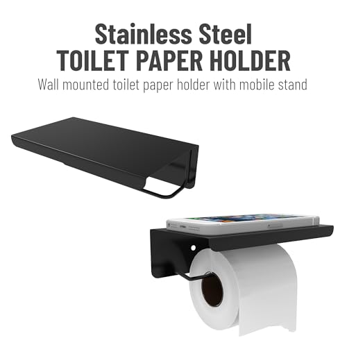 Image of ACHRO Pack of 2 Self Adhesive and Wall Mount Matt Black Stainless Stell Toilet Paper Holder with Mobile Stand, Tissue Paper Holder with Stand, Black Bathroom Accessories