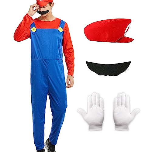 Blisscok Disfraz de Bros Cosplay para Adultos Niños, Bros Classic Disfraces, Traje de Fontanero con Guantes, Sombrero y Bigote para Cosplay Carnaval Halloween