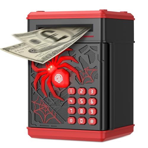 Spider Money Box Thedttoy Smart Piggy Bank for Kids Cash Saving Box with Simulated Fingerprint PIN LED Light Boys Girls Birthday Present for 3-12 Years-Black