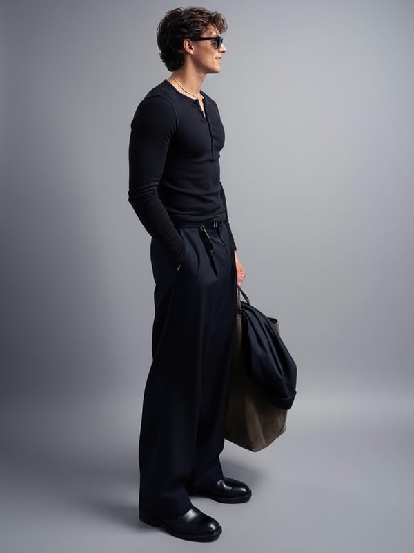 Image of FUGAZEE Black Ribbed Henley Long Sleeve T-Shirt for Men | Muscle Fit Ribbed Knit Tee with Crew Neck & Button Placket | Stretch Fabric Longsleeve Top | Structured Rib Texture