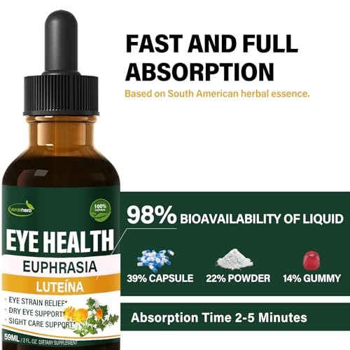 Verdeherb Eyebright Herb Eye Health Drops, Bilberry & Lutein Liquid Extract Herbal Supplement for Eye Strain Relief & Sight Care Support. Euphrasia Officinalis, Arándanos, Luteína para Los Ojos. 2oz