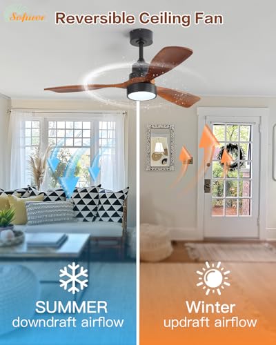 Image of Sofucor 48 Inch Smart Wood Ceiling Fans with Lights, Flush /Downrod Mount | Alexa /App /Remote Control, Quiet Reversible DC Motor, 3CCT Dimmable, Timer, Indoor /Covered Outdoor /Bedroom /Living Room, Brown