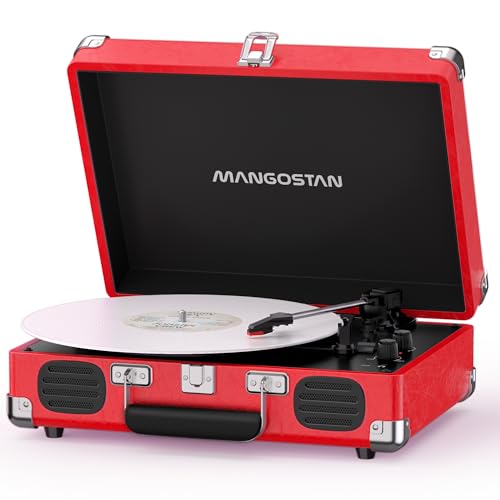 MANGOSTAN Bluetooth Vinyl Record Player with Speakers 3-Speed Portable Suitcase Turntable Belt-Drive LP Player with RCA Output & Headphone Jack (Cherry Red)