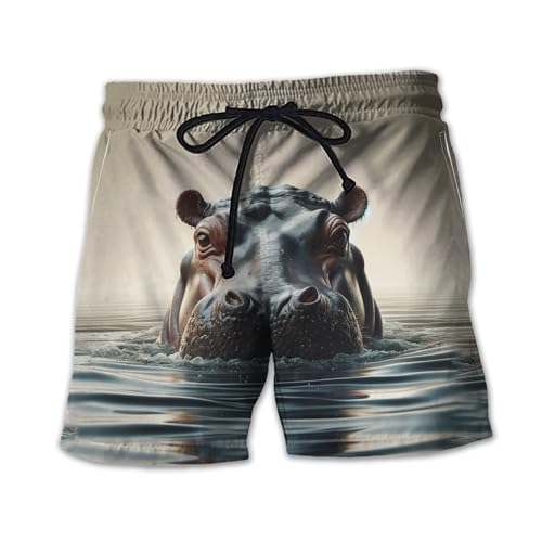 Funny Hippo Mens Swim Trunks - Animal Lover Hawaiian Mens Swim Short Beach Shorts TU-SH-20