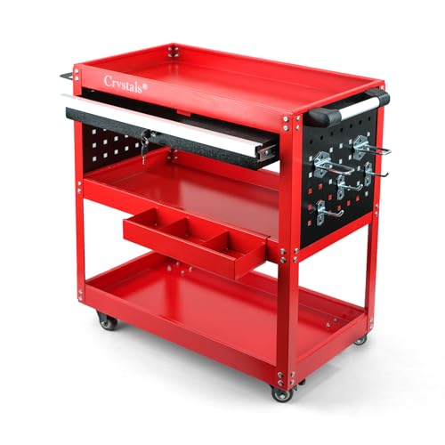 Crystals 3-Tier Heavy Duty Tool Trolley Cart on Wheels – Workshop & Garage Service Cart with Drawer – Tool Storage Organiser with Lockable Wheels - Garage Tool Service Cart with Handle - Workshop DIY