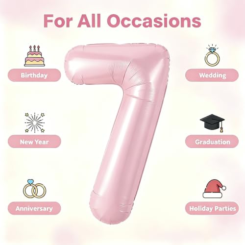 Image of Number Balloons Pink Party Balloon - Giant Number 7 Balloon, 40 Inch Large Balloon, Birthday Decorations for Women, Birthday Balloon for Anniversary Baby Shower Princess Party Decorations