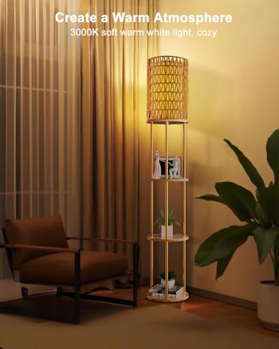 Image of Lightdot 61 inch Rattan Floor Lamp with Shelves, 3-Tier Storage Shelves with 3000K Bulb Included, Solid Wood Design, Corner Bookshelf Floor Lamps for Living Room /Sofa Beside /Corner Decor-Gold