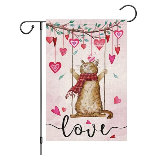 Louise Maelys Garden Flag 12x18 Double Sided, Small Burlap Welcome Cat Love Heart for Spring Yard Wedding House Outdoor Decor