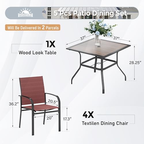 Image of SUNSHINE VALLEY Patio Dining Set for 4, 37 inch Metal Table & Red Chairs