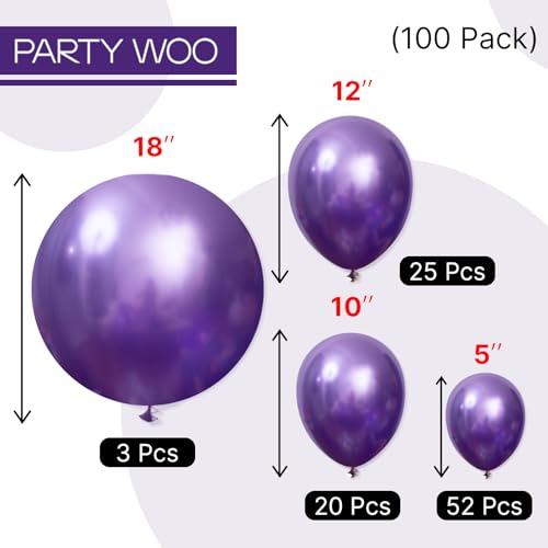 Image of PartyWoo Metallic Purple Balloons 100pcs Different Sizes of 18 12 10 5 Inch Chrome Purple Balloon Arch Kit Garland for Graduation Wedding Baby Shower Princess Birthday Party Decorations Purple-G105