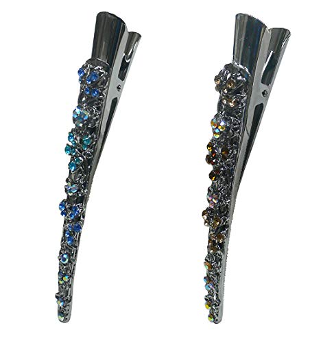 Set of 2 Crystal Alligator Clips Duck Bill Hair Clips Long Beak Clips YY86110-1-2aquaBlueBrown