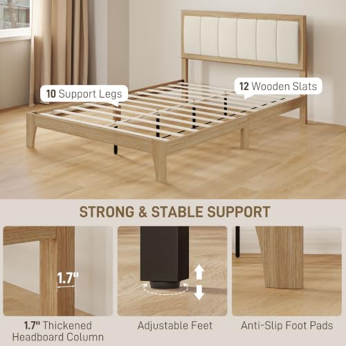 HOMCOM Full Bed Frame Upholstered Headboard Wooden Slats Natural by HOMCOM - Used condition - Image 5