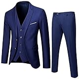 Mens Stylish 3 Piece Two Buttons Dress Suit Wedding Party Formal Jacket & Vest & Pants Business Blazer Vests and Trousers (Navy Blue,Large)