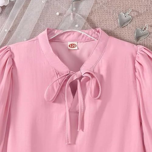 Girls Puff Sleeve Blouse Plain Dress Shirt Teens Fashion Lace-up Shirts Solid Baggy Aesthetic School Formal Tops4
