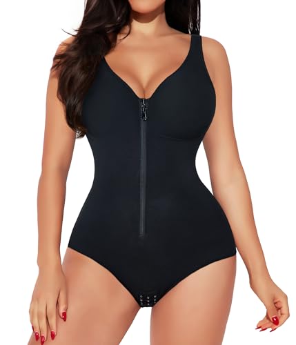 Meryosz Shapewear Bodysuit For Women Tummy Control Body Suits V Neck Zipper Waist Trainer Bodysuits Body Shaper Tops cover