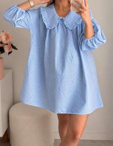 Image of Ynhonra Women's Gingham Mini Dress 3 /4 Puff Sleeve Babydoll Doll Collar