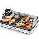 LEBENLANG 2400W Plancha Cocina - Incl. Pinzas para barbacoa & Protector contra salpicaduras I 48x30cm Para interior y exterior I Plancha electrica para cocinar Grelhador electrico Plancha de asar xxl