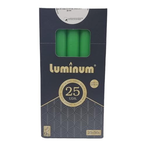 Velas Decorativas para el Hogar: Caja de 25 Unidades en Colores Variados, Dimensiones 200mm x 20mm, Duración de 9 Horas (VERDE)