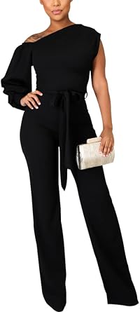 Womens Summer One Shoulder Dressy Stretchy Jumpsuit Casual High Waist Wrap Jumpsuit with Pockets