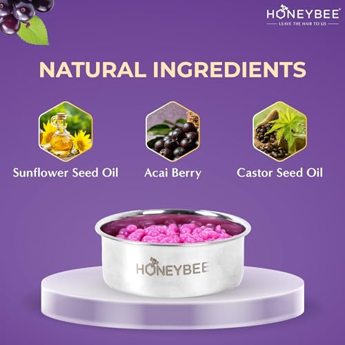 Image of Honeybee Acai Berry Brazilian Beans Wax For Women | Katori Beads Wax For Hair Removal | Liposoluble Stripless /No-Strips Waxing At Home For Brazilian Bikini, Face, Eyebrows, Upper-Lips, Chin, Underarms | Waxing Kit with Post Wax Wipes - 80g