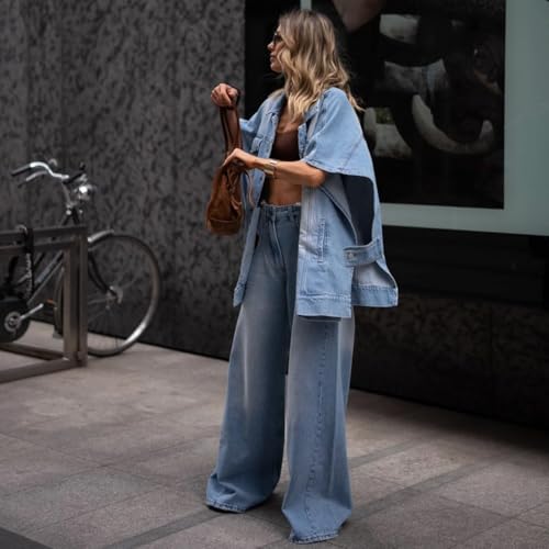 NIFTRIRY Denim Set for Women 2 Piece Short Sleeve Collar Denim Jacket with Pockets and Wide Leg Jean Pants Summer Sets4