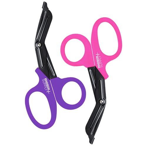 Image of Madison Supply Medical Scissors, EMT and Trauma Shears - 7.5 Inch Quality Stainless Steel Bandage Scissors - Fluoride-Coated with Non-Stick Blades - 2 Pack (Pink /Purple)