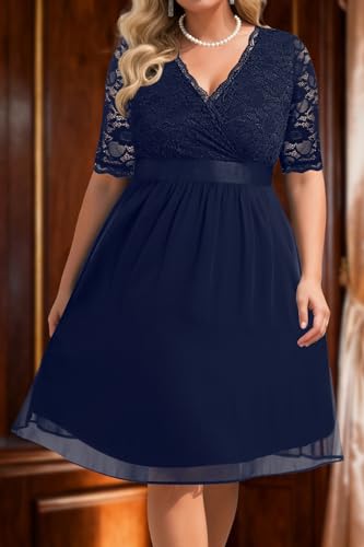 Image of Pinup Fashion Plus Size Lace Chiffon Wrap V Neck Dresses Women Cocktail Wedding Guest Midi Dress