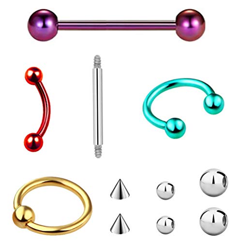 Piercing Jewelry Suit, Horseshoe Captive Bead Tongue Ring Barbell Nose Hoop Septum Curved Barbells Eyebrow Barbell Eyebrow Rings 16G Surgical Steel (A4 Piercing Jewelry Suit 11 PCS)