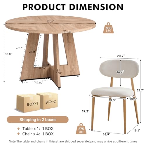 Image of 47 inch Round Dining Table Set for 4 with Chairs Circle Kitchen Table and Chairs Set Mid-Century Modern Chair with Metal Legs for Apartment Living Room(1 Natural Table + 4 Beige Chairs)