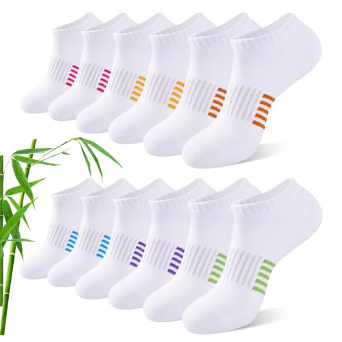 Effeet Bambus Sneaker Socken Damen 6/12 Paar Atmungsaktive Gepolsterte Sportsocken Laufsocken Anti Schweiß Kurze Socken Damen 39-42 35-38 Bunt Geschenke für Frauen Sommer Mehrfarbig Weiß 39-42