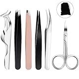 Bememo 6 Pieces Tweezers Kit for Eyelashes Extension Set, Eyelash Lash Tweezers and Eyebrow Scissors, Fake Extensions Tweezer Set Applicator